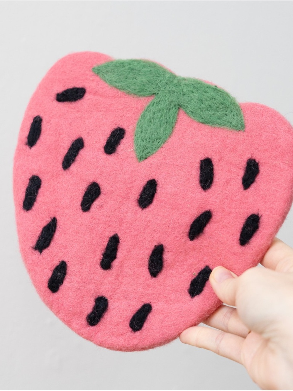 BERRY SWEET Pink Felt Strawberry Trivet, Handmade in Nepal!